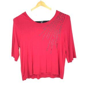 Liz & Me Knit Top 1X Red Black Sequins 3/4 Sleeve